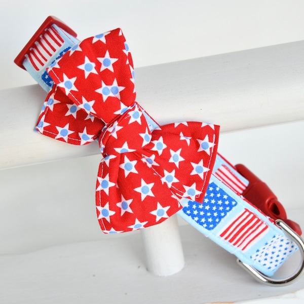 Fourth of July Dog Collar - Light Blue with American Flags with Red, White and Blue Star Bow - Summer Collar - Spring Collar - July Fourth