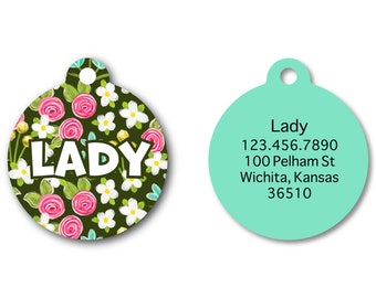 Floral Pet I.D. Tag - olive green and pink flowers identification tag - girl dog tag - circle spring pet accessories - personalized name tag