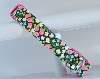 Spring Dog Collar - Dark Green with Pink, White and Aqua Flowers - Floral Dog Collar - Girl Dog Collar - Pink Collar