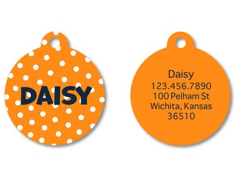 Orange Pindot Pet I.D. Tag - bright orange and white polka dot auburn dog tag - cute summer pet accessories - personalized pet name tag