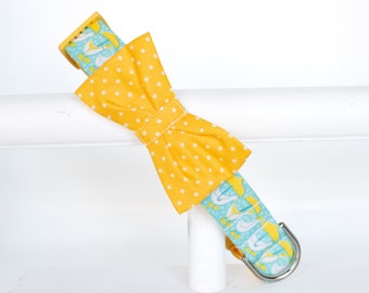 Duck Dog Collar with Yellow Polka Dot Bowtie - Aqua Blue Duck or Goose Rainy Print with Bright Yellow Bowtie - Boy Spring Summer Dog Collar