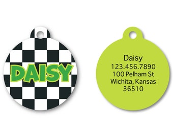 Check Pet I.D. Tag - Fifties inspired racing check - black and white - boy dog tag - circle lime green pet accessories - personalized name