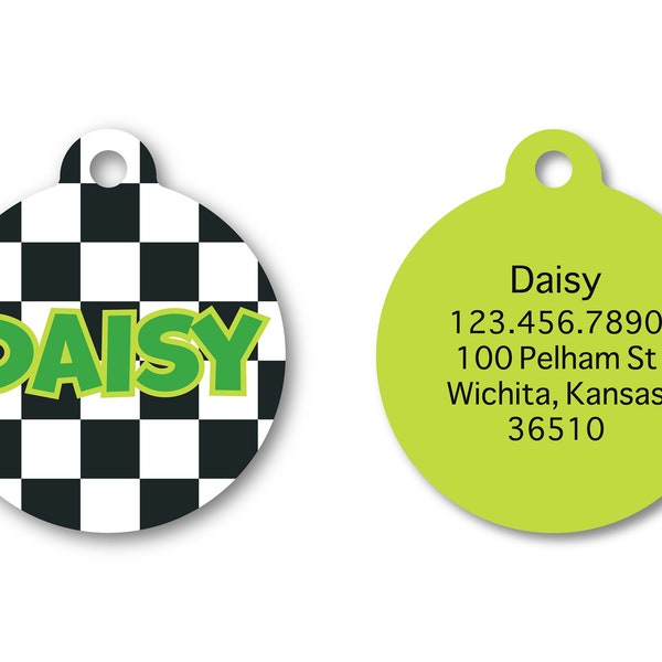 Check Pet I.D. Tag - Fifties inspired racing check - black and white - boy dog tag - circle lime green pet accessories - personalized name