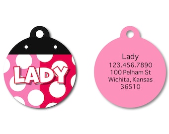 Ladybug Pet I.D. Tag - pink polka dot ladybug pet tag - pink and black - girl spring dog tag - circle bug accessories - personalized name