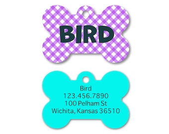 Purple Gingham Pet I.D. Tag with Turquoise Back - Spring 2024 Collection - girl dog tag - bone pet accessories - personalized pet name tag