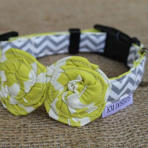 Chevron Dog Collar with Flowers - Grey Chevron with Green-Yellow Flowers