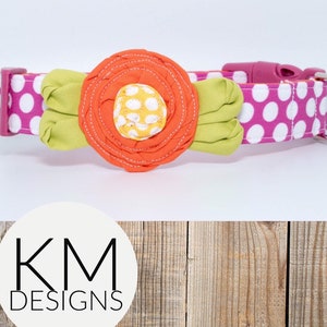 Flower Dog Collar - Bright Pink Dot with Orange Flower/Yellow Center and Bright Green Leaves - Spring - Summer - Girl Dog Collar