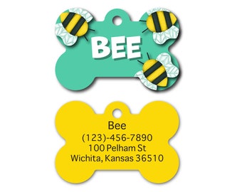 Bee Pet I.D. Tag - yellow and black stripe bumblebee pet tag - girl or boy spring dog tag - bug cute bone accessories - personalized name