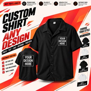 May include: A black short-sleeve button-down shirt with a camp collar, featuring a square white graphic box on the left chest and back that reads "YOUR DESIGN HERE". The shirt has a size M tag and is displayed against a promotional background.