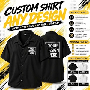 May include: A black short-sleeved button-down shirt with a camp collar, featuring a square graphic on the left chest and a larger square graphic on the back, both displaying the text YOUR DESIGN HERE in white capital letters.