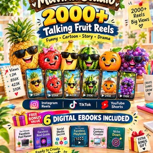 May include: A digital product bundle featuring 2000+ Talking Fruit Reels with cartoon fruits wearing sunglasses. Includes six digital ebooks titled The Ultimate Faceless Post Planner, Faceless Reel Guide, Social Media Secret, Faceless Playbook, Becoming a Content Creator, and Niche Down.
