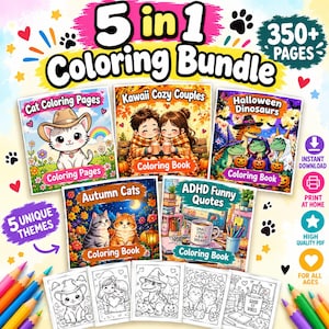 5-in-1 Digital Coloring Bundle | Cats, Autumn, Dinosaurs, Couples (PDF Download)