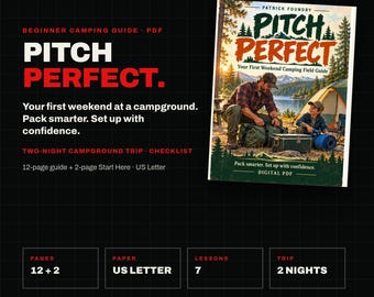 Guía de acampada para principiantes en PDF, lista de verificación para el primer viaje de acampada, conceptos básicos de acampada en tiendas de campaña para campistas principiantes y familias, descarga imprimible.