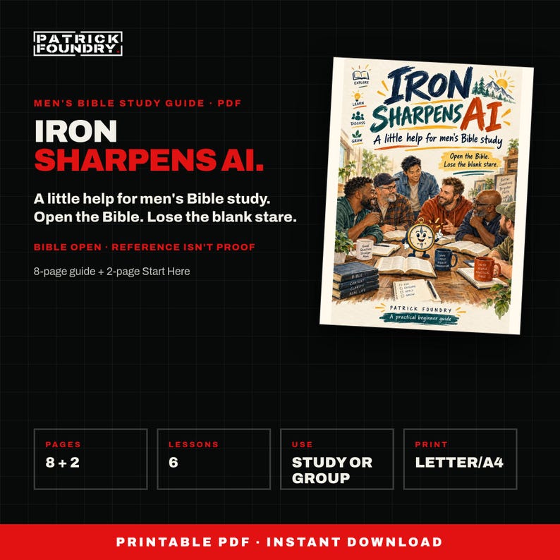 Men's Bible Study Guide PDF, Iron Sharpens AI, Beginner AI Guide for Christian Men, Illustrated Lessons, Digital Download image 1