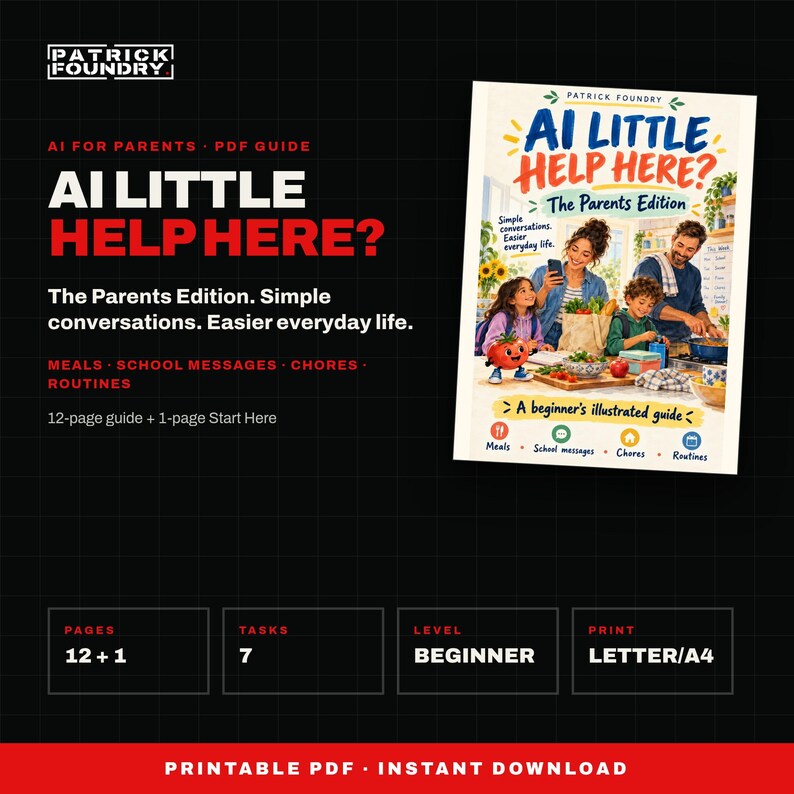 KI für Eltern: Einsteigerleitfaden (PDF), illustrierte KI-Lektionen für den Alltag und Übungscheckliste, Planungshilfe für vielbeschäftigte Eltern, digitaler Download Bild 1