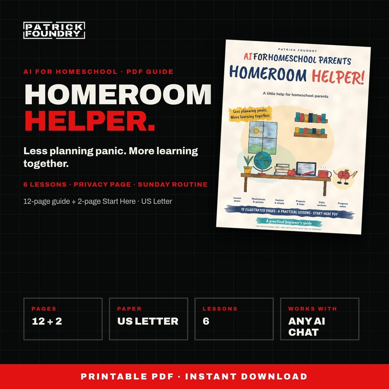 AI for Homeschool Parents Beginner Guide PDF, Lesson Planning Workflows, Worksheets, Daily Rhythm, Records, Homeschool Planning Help image 1
