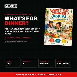 AI Meal Planning Guide for Beginners PDF, What's for Dinner? Ask AI, Illustrated Family Dinner Planning Help, Digital Download image 1