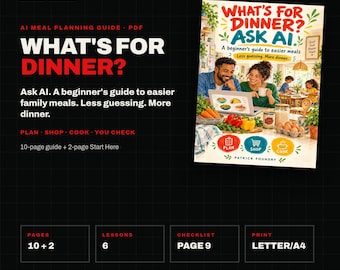 Guía de planificación de comidas con IA para principiantes (PDF), ¿Qué cenamos hoy? Pregúntale a la IA, Ayuda ilustrada para planificar la cena familiar, Descarga digital