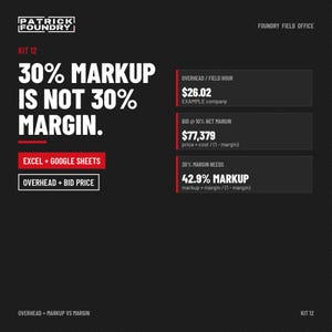 May include: A black informational graphic titled Patrick Foundry Kit 12, explaining that 30% markup is not 30% margin. It features white and red text, including calculations for overhead, bid price, and margin, with Excel and Google Sheets labels.