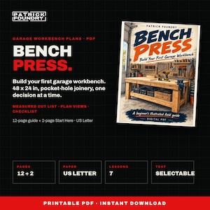 Workbench Plans PDF, Beginner Garage Workbench Build Guide, 48 x 24 Pocket Hole Bench, Cut List and Checklist, DIY Woodworking Plans image 1