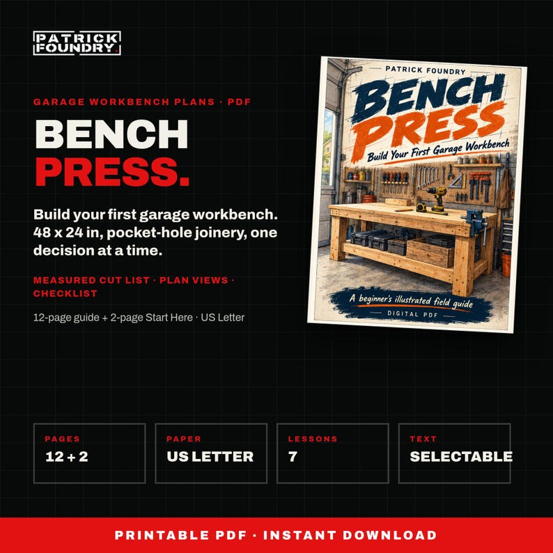 Workbench Plans PDF, Beginner Garage Workbench Build Guide, 48 x 24 Pocket Hole Bench, Cut List and Checklist, DIY Woodworking Plans image 1