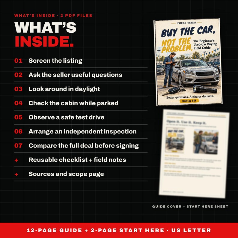 Used Car Buying Guide PDF, Beginner Used Car Checklist, Test Drive and Seller Questions, Printable Buyer Worksheets for First Car Buyers image 2