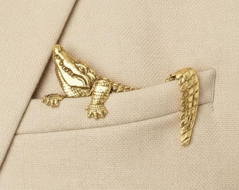 Gold Alligator Pocket Square Clip – Crocodile Metal Brooch for Groom Attire