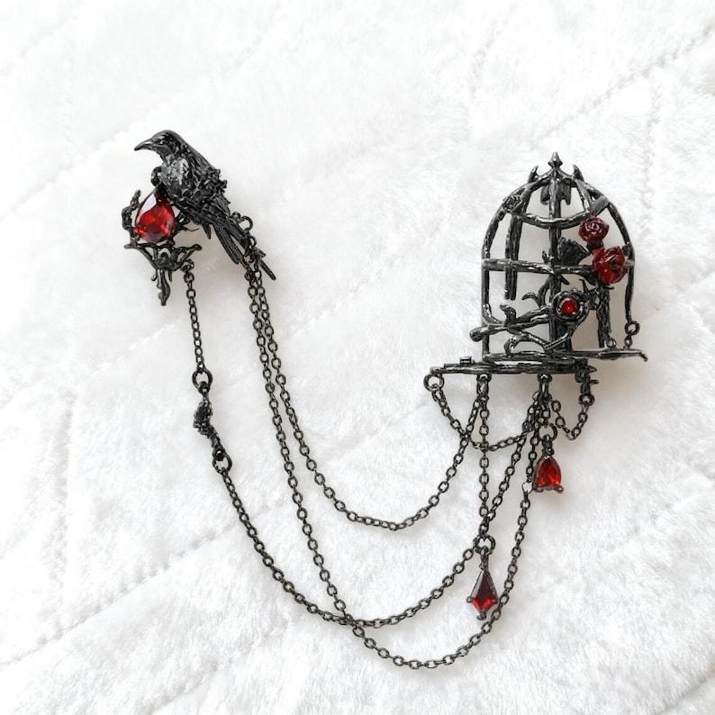 Gothic Crow & Birdcage Chain Brooch - Red Crystal Dark Lapel Pin - Etsy UK