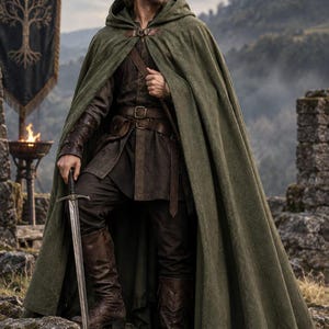 May include: A long, olive green hooded cloak worn over a dark brown tunic and trousers. The outfit includes a brown leather belt with a pouch, brown leather boots, and brown leather arm guards. A metal sword is held in one hand.