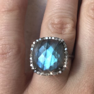 Labradorite Ring Cushion Cut Ring Labradorite Diamond Ring Halo Ring Engagement Ring 14K Gold Ring Sterling Silver Ring Rhodium Ring