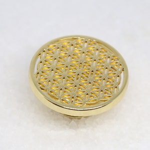 Op de afbeelding: Een gouden metalen hanger met een rond ontwerp en een geometrisch patroon dat lijkt op een bloem des levens.