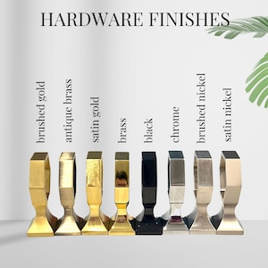 custom hardware finishes for luxury crystal handles:brushed gold, antique brass, satin gold, brass, black, chrome, brushed nickel and satin nickel hardware choices decor modern decor eclectic boho art deco decor