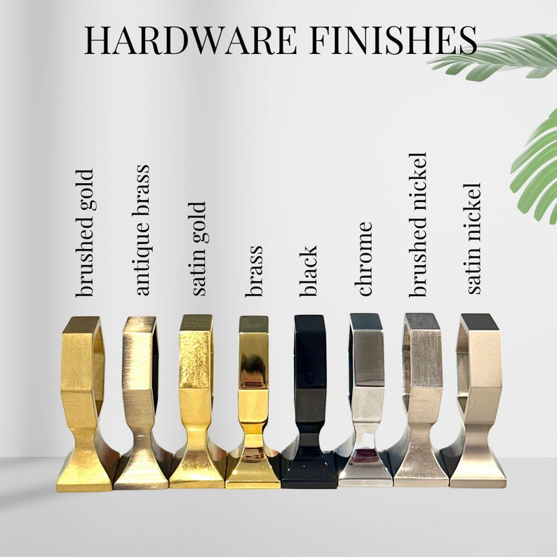 custom hardware finishes for luxury crystal handles:brushed gold, antique brass, satin gold, brass, black, chrome, brushed nickel and satin nickel hardware choices decor modern decor eclectic boho art deco decor