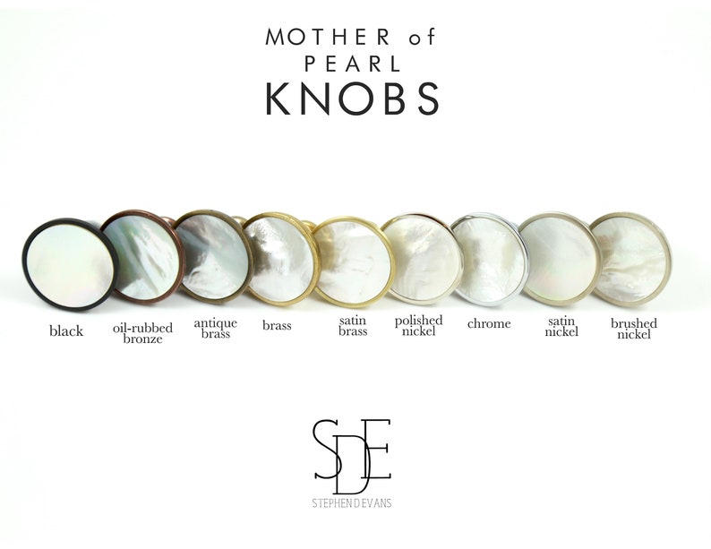 Mother of Pearl Knobs have nine different hardware finishes.  Solid brass knobs are made with genuine mother of pearl shell.   Luxury homes and interior decorators choose mother of pearl home decor for a modern coastal decor luxury beach decor vibe.