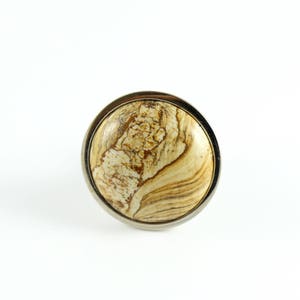 May include: A round, brown and white marbled knob with a silver metal rim.