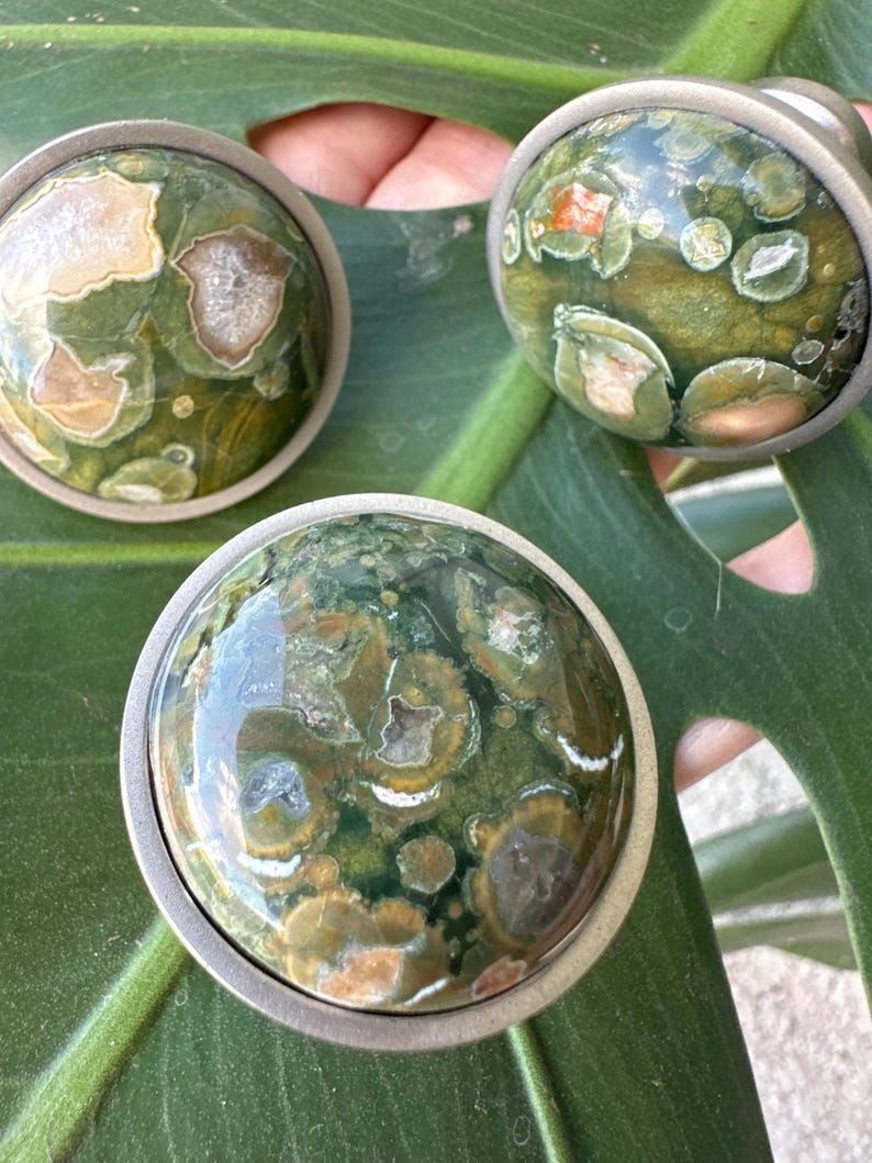 Rainforest JasperKnobs are on a tropical leaf for an organic modern decor look.