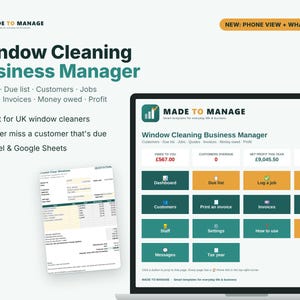 May include: A digital Window Cleaning Business Manager template for Excel and Google Sheets. The interface displays a dashboard with buttons for customers, invoices, and profit tracking, alongside a sample quotation document.