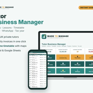 Tutor Business Spreadsheet UK | Private Tutor Lesson Tracker, Invoice & Student Manager | Maths, English, 11+ | Excel, Google Sheets