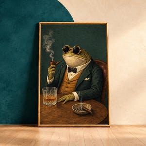 May include: A framed wall art print depicting a toad wearing a dark suit, tan vest, and black bow tie. The toad wears round sunglasses, smokes a pipe with visible smoke, and sits at a wooden table with a glass of amber liquid and an ashtray.