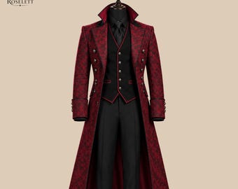 May include: A long red coat with a black floral pattern, featuring a high collar, double-breasted buttons, and cuffs. Underneath is a black vest with red trim, a black shirt, a black tie, and black trousers. The logo ROSELETT is in the top corner.
