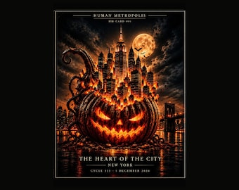 New York Halloween Printable Card, Gothic City, Pumpkin Digital Download, Human Metropolis