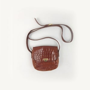 Vintage Small Leather Crossbody Bag -  Essential 80s 90s Structured Brown Leather Purse - Chic Croco Print Flap Front Boxy Bag by Talbots