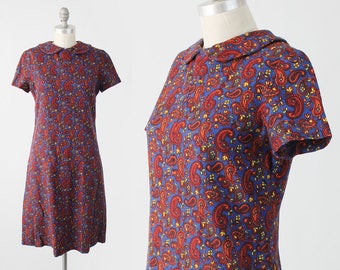 Vintage 60s MOD Paisley Dress - Short Cap Sleeve Shift Dress w/ Peter Pan Collar - Blue, Orange and Red Linen Sundress  - Size Medium S/M