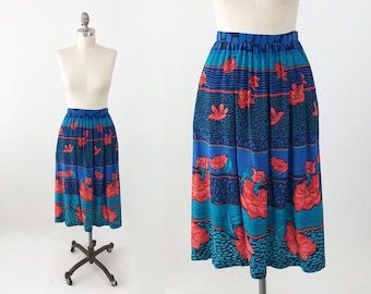 Vintage 80s Silk Midi Skirt - High Waisted Blue Floral Skirt - Tropical Silky Carole Little - A Line Summer Dress - Size Medium