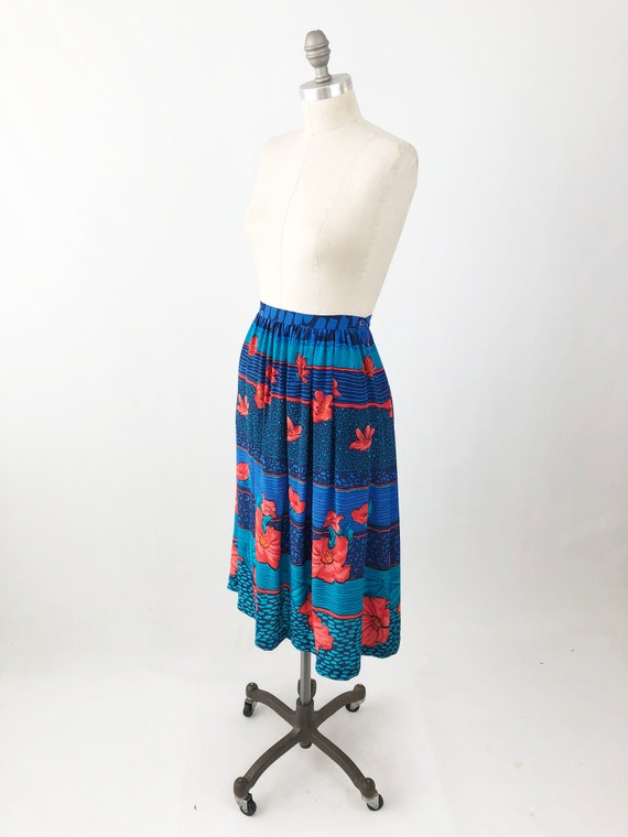 Vintage 80s Silk Midi Skirt - High Waisted Blue F… - image 2