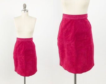 Vintage 80s Suede Mini Skirt - High Waisted Pink Fuschia Skirt -  Leather Punk Rocker Pencil Skirt - Size Small S to Medium