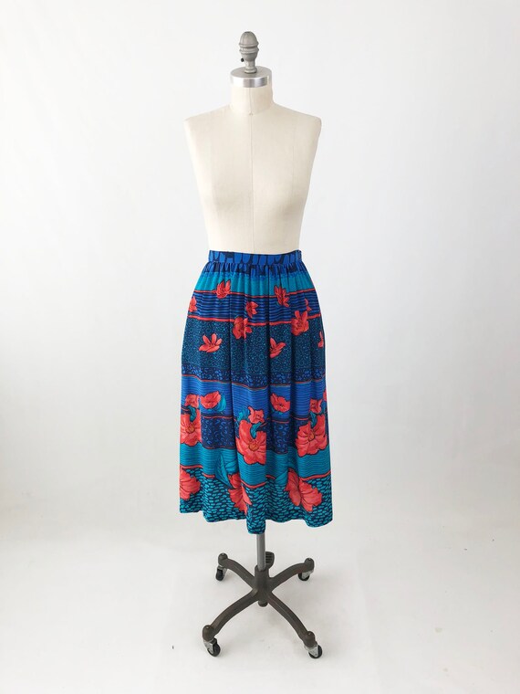 Vintage 80s Silk Midi Skirt - High Waisted Blue F… - image 4