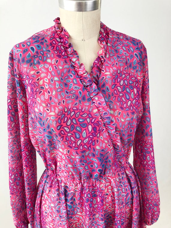 Vintage 70s 80s Paisley Dress - Pink Long Sleeve … - image 3