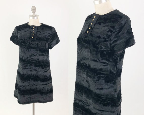 Vintage 60s Mod Mini Dress - Black Faux Fur Cap S… - image 1