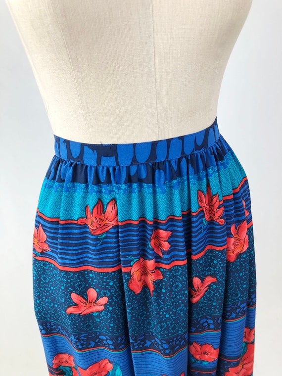 Vintage 80s Silk Midi Skirt - High Waisted Blue F… - image 3